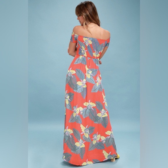 NWOT Lulus Patsy Coral Red Floral Print Off-the-Shoulder Dress | Size S - Picture 3 of 4